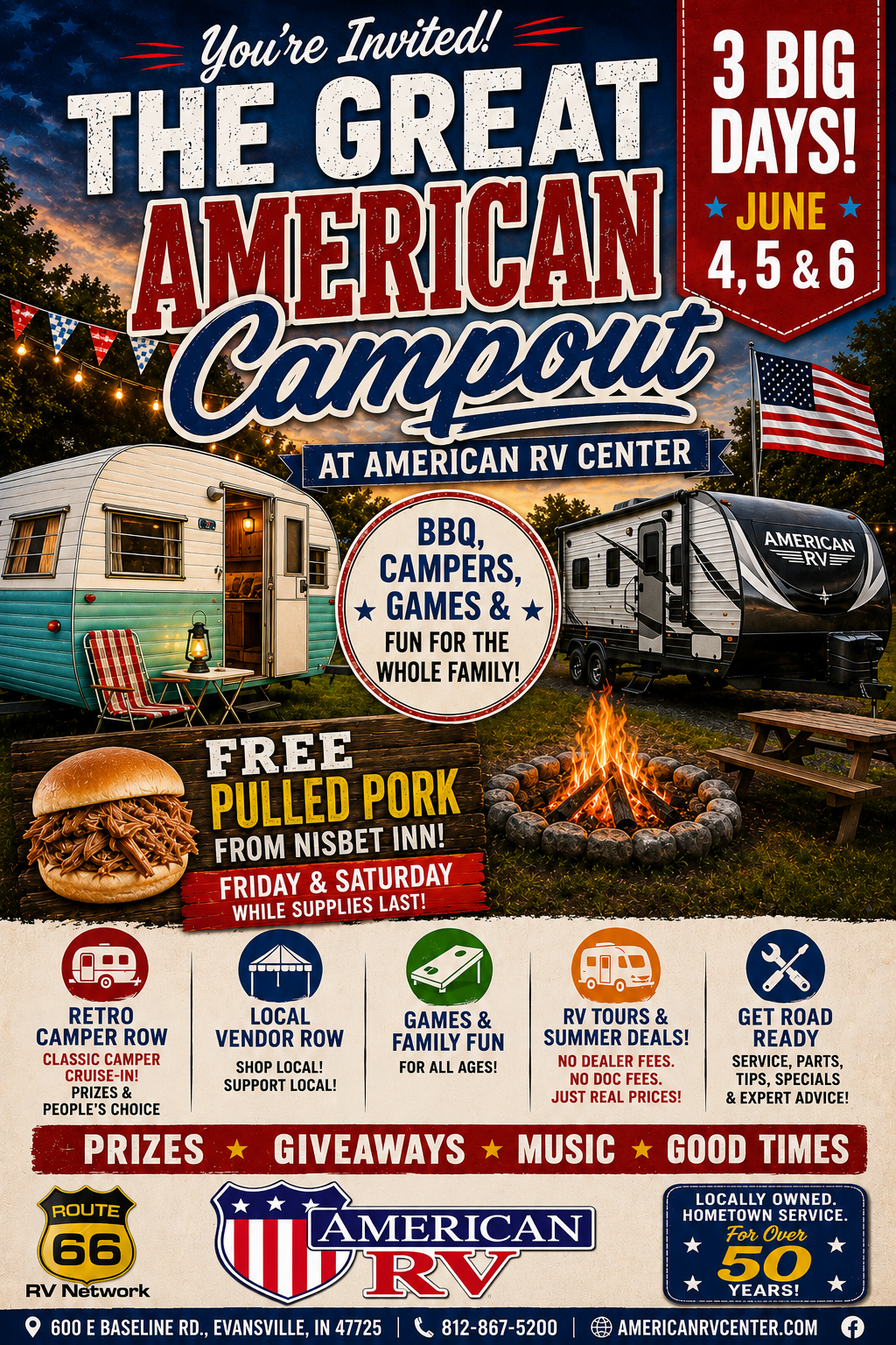 The Great American Campout event poster for American RV Center