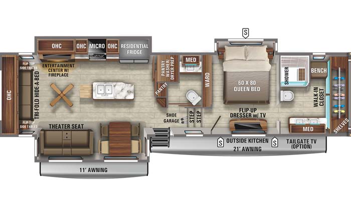 Floorplan diagram for Jayco North Point 387FBTS fifth wheel.