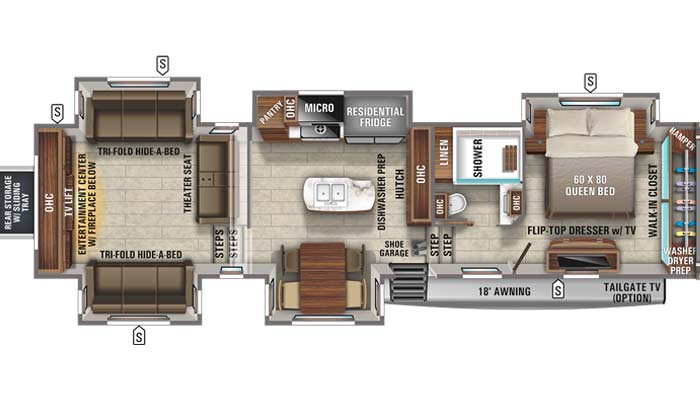Floorplan diagram for Jayco North Point 387RDFS fifth wheel.