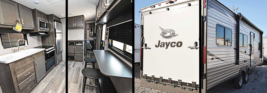 Photo collage shows rear exterior and interior of Jay Flight SLX 265TH toy hauler travel trailer.