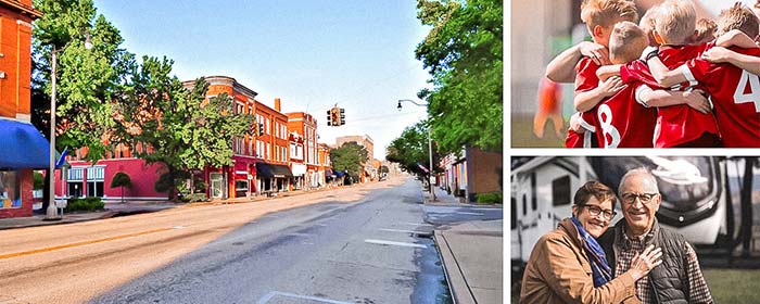 Photo collage featuring downtown Sapulpa, youth baseball team, and couple with fifth wheel rv.