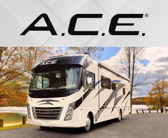 Photo of Thor Motor Coach ACE class A motorhome with logo above.