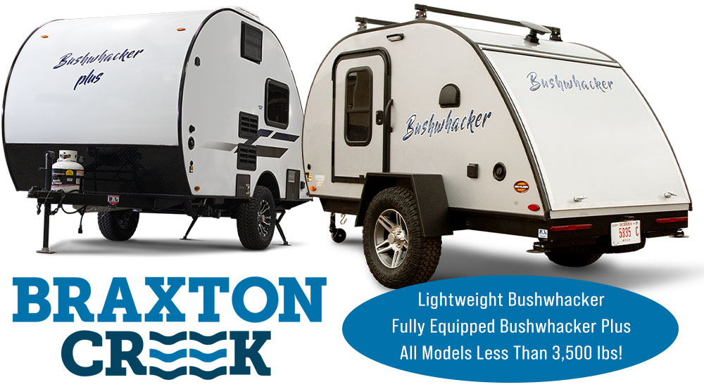 Photo of two Braxton Creek tear drop campers.