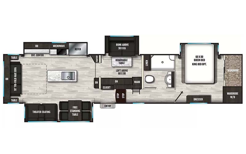 Coachmen Brookstone 398MBL fifth wheel floorplan diagram.