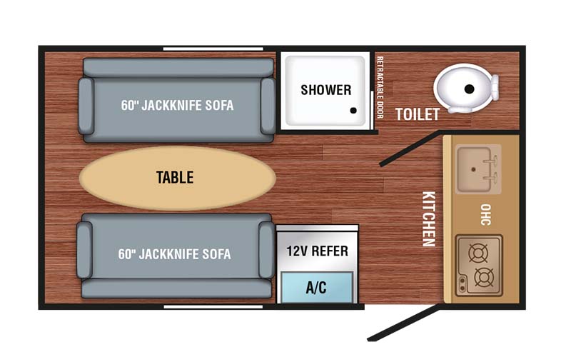 Braxton Creek Bushwhacker Plus 15DS teardrop trailer floorplan diagram.