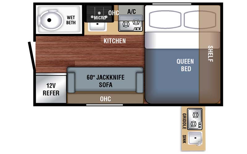 Braxton Creek Bushwhacker Plus 15RE teardrop trailer floorplan diagram.