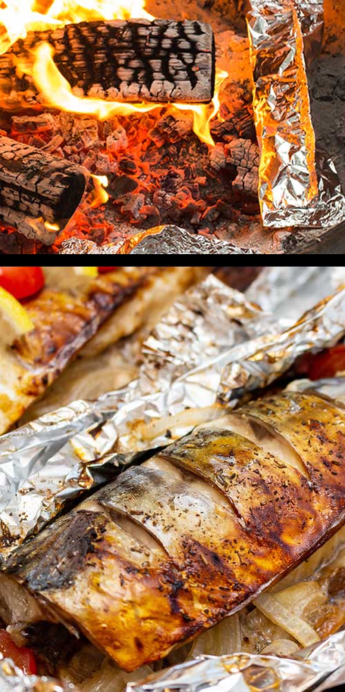Photos showing fish being cooked in the coals of a campfire, and the prepared fish in foil.
