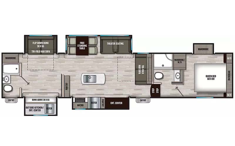 Coachmen Chaparral 367BH fifth wheel floorplan diagram.