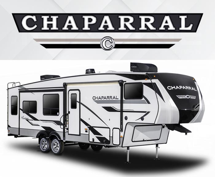 Photo of Coachmen Chaparral Lite fifth wheel with logo above.