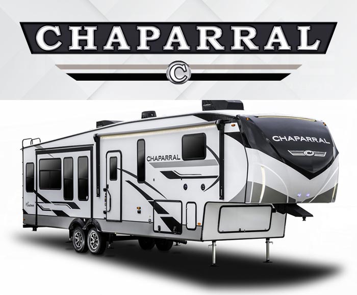 Photo of Coachmen Chaparral fifth wheel with logo above.