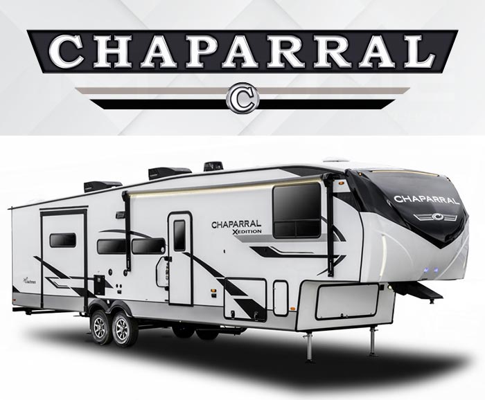 Photo of Coachmen Chaparral X fifth wheel with logo above.