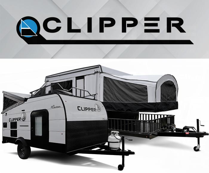 Photo of Coachmen Clipper camping trailer with logo above.