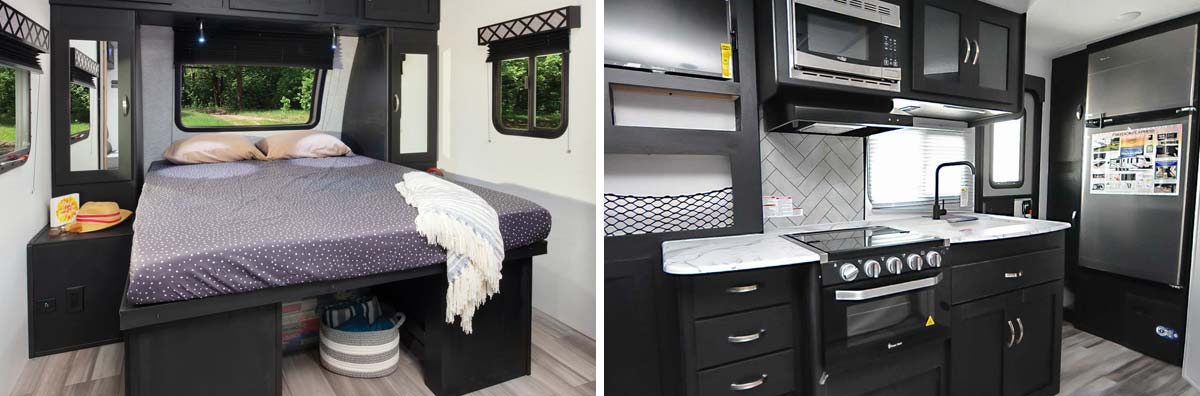 Interior photos of the Coachmen Freedom Express 192RBS that shows the bed and kitchen areas.