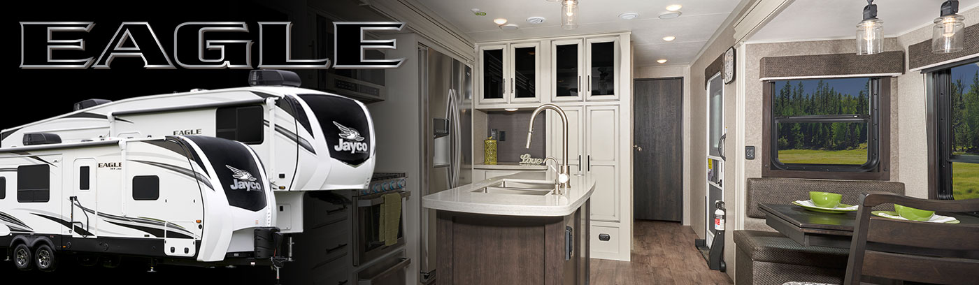 Photo collage of Jayco Eagle fifth wheel and travel trailer exteriors, and interior kitchen.