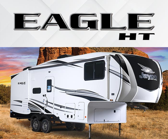 Photo of Jayco Eagle HT fifth wheel with logo above. 