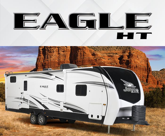 Photo of Jayco Eagle HT travel trailer with logo above.
