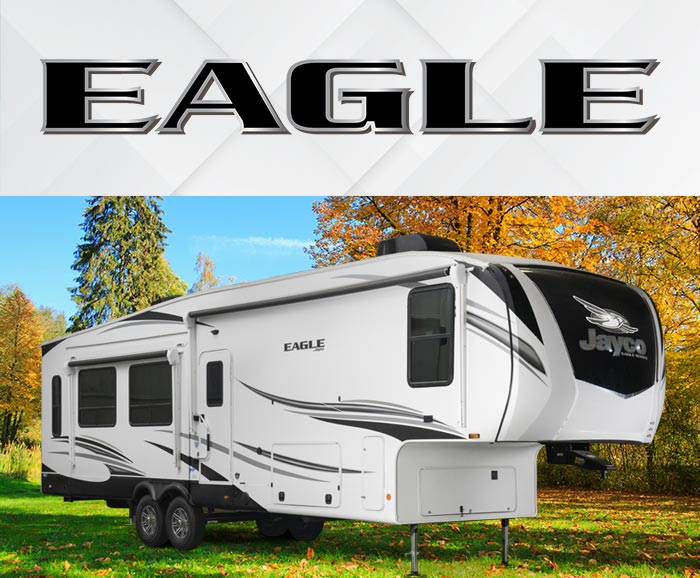 Photo of Jayco Eagle fifth wheel with logo above. 