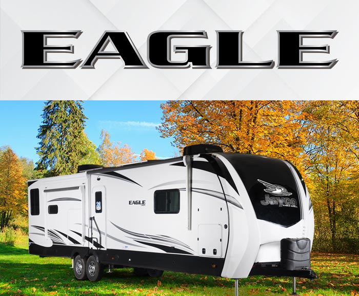 Photo of Jayco Eagle Travel Trailer with logo above.