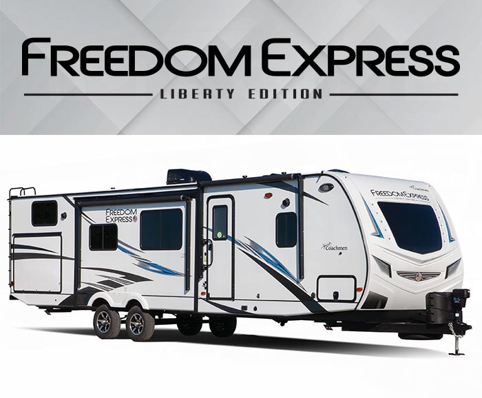 Photo of Coachmen Freedom Express Liberty Edition travel trailer with logo above.