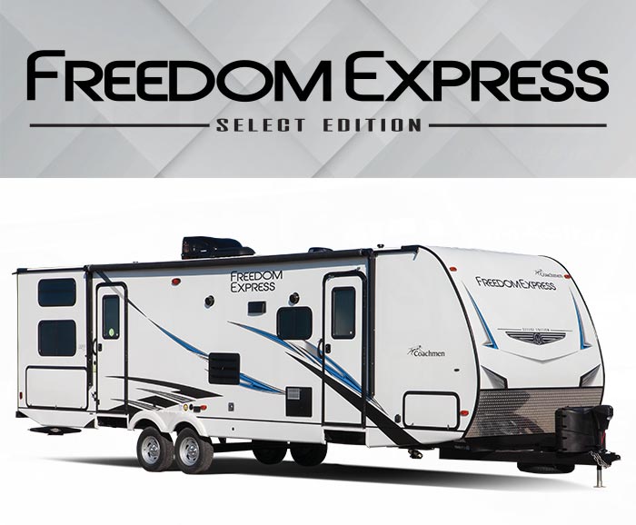 Photo of Coachmen Freedom Express Select travel trailer with logo above.