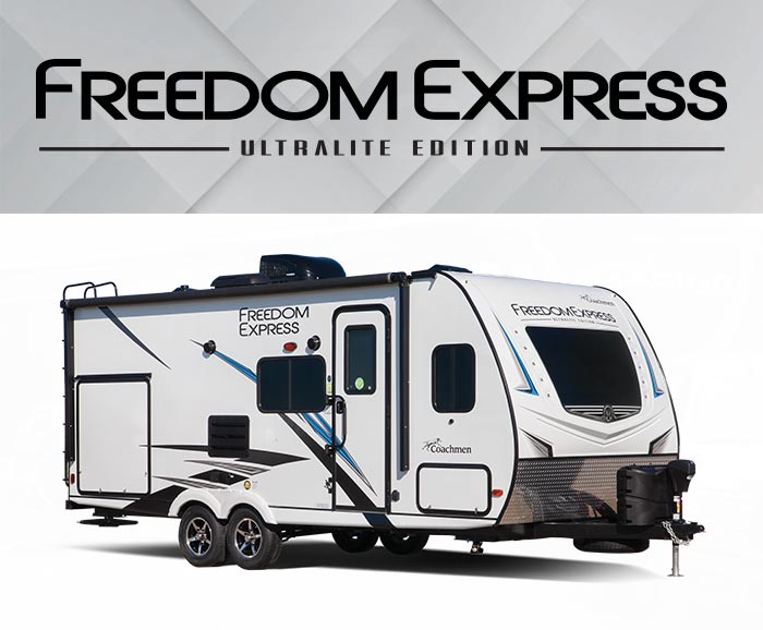 Photo of Coachmen Freedom Express Ultra Lite travel trailer with logo above.