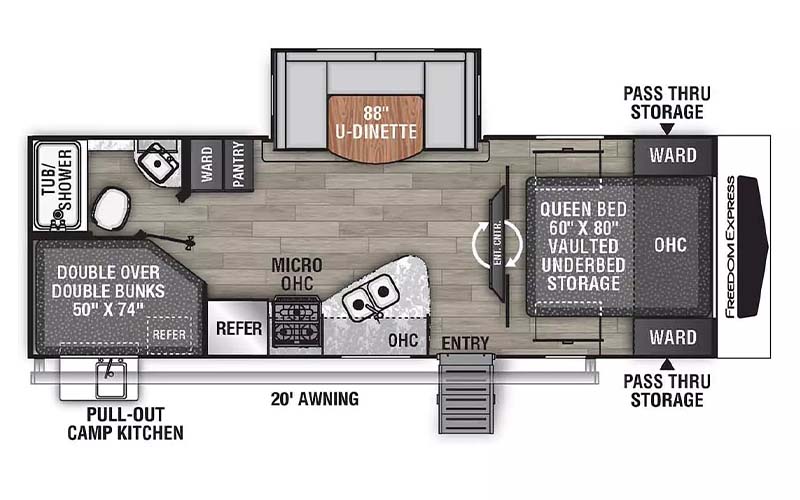 Coachmen Freedom Express Ultra Lite 257BHS travel trailer floorplan diagram.