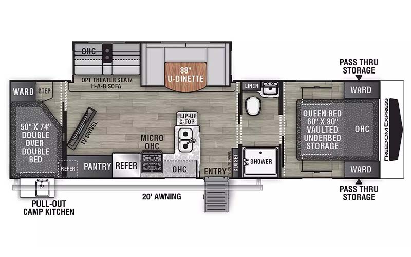 Coachmen Freedom Express Ultra Lite 294BHDS travel trailer floorplan diagram.