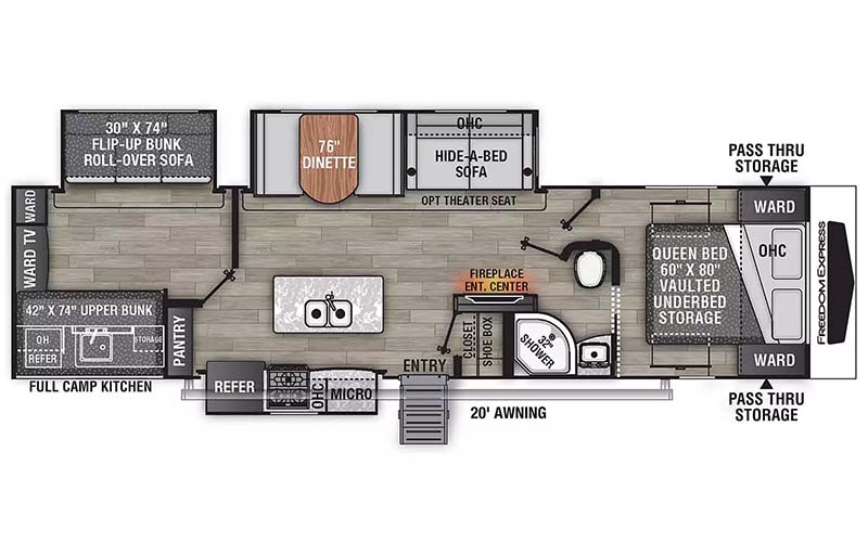 Coachmen Freedom Express Liberty Edition 320BHDSLE travel trailer floorplan diagram.