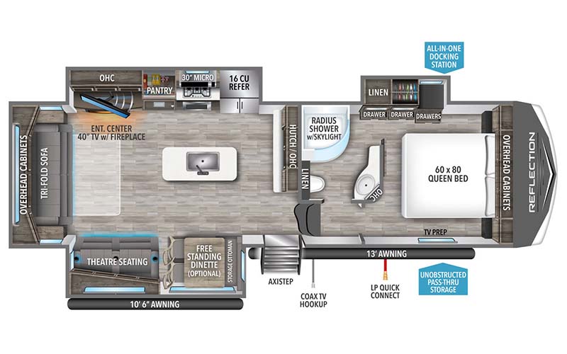 Grand Design Reflection 303RLS fifth wheel floor plan diagram.