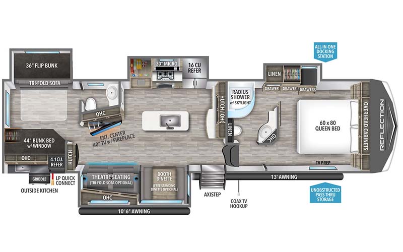 Grand Design Reflection 311BHS fifth wheel floor plan diagram.