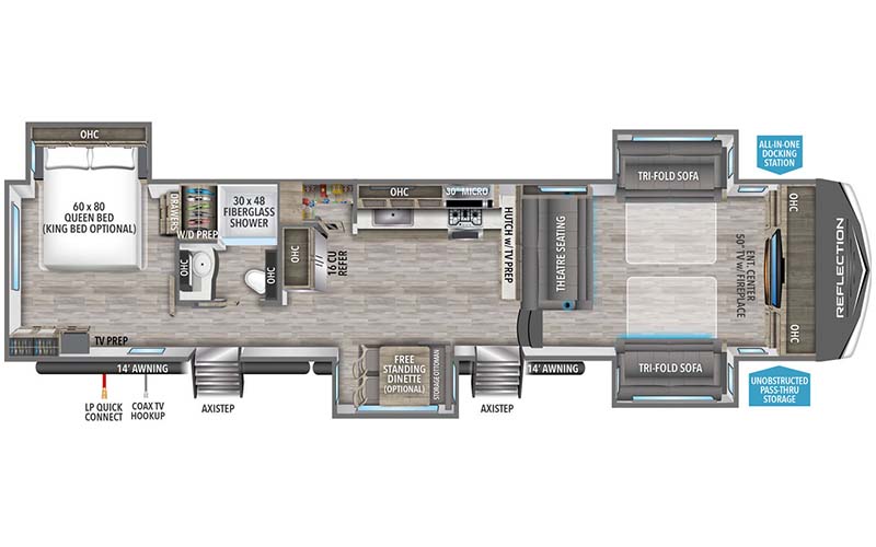 Grand Design Reflection 370FLS fifth wheel floor plan diagram.