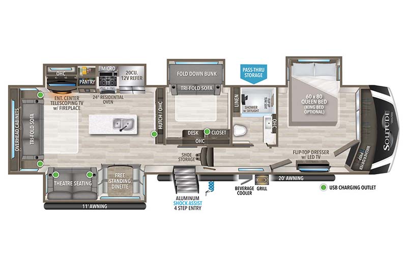 Grand Design Solitude 378MBS fifth wheel floorplan diagram.