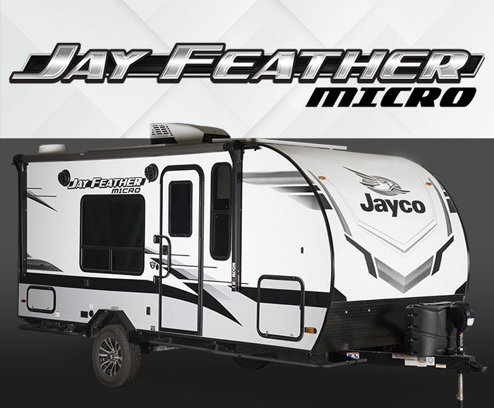 Photo of jayco Jay Feather Micro travel trailer with logo above.