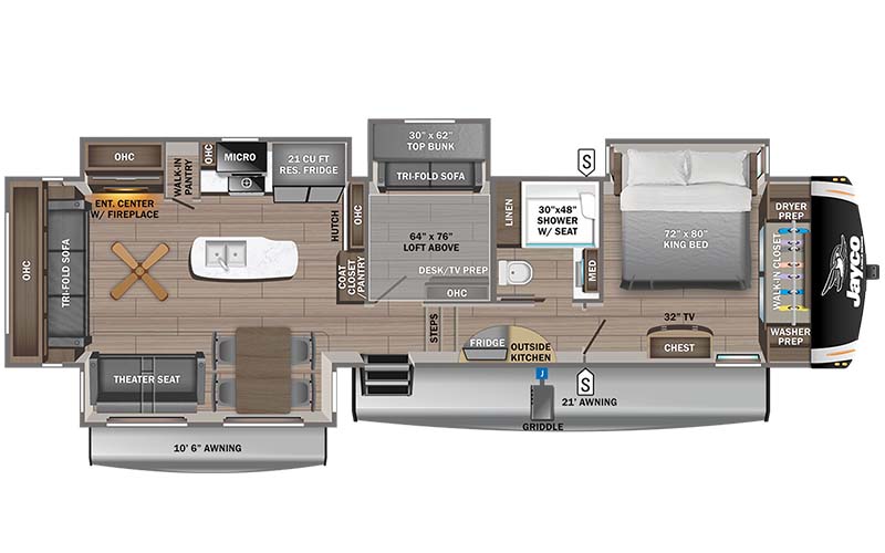 Jayco Eagle 355MBQS fifth wheel floor plan diagram.