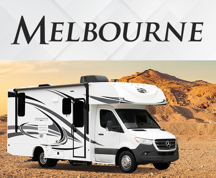 Photo of Jayco Melbourne Class C motorhome in desert with logo above.