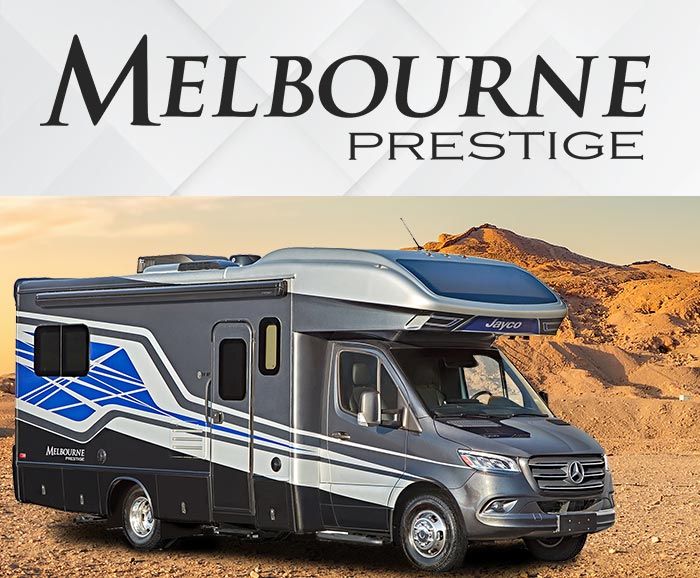 Photo of Jayco Melbourne Prestige Class C motorhome in desert with logo above.