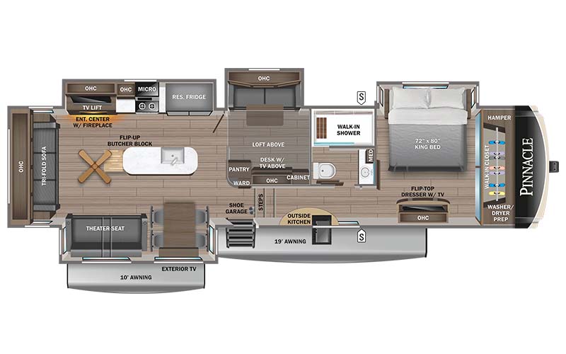 Jayco Pinnacle 37MDQS fifth wheel floor plan diagram.