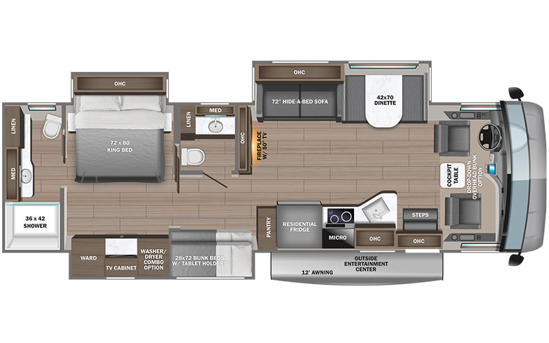 Jayco Precept Prestige 36B Gas CLass A motorhome floorplan diagram.