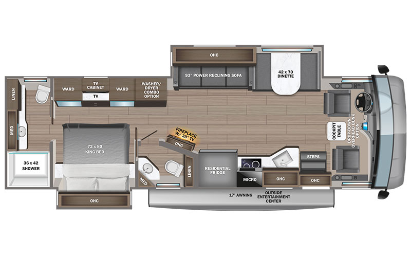 Jayco Precept Prestige 36U Gas CLass A motorhome floorplan diagram.