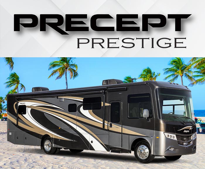 Photo of Jayco Precept Prestige gas Class A motorhome on beach with logo above.