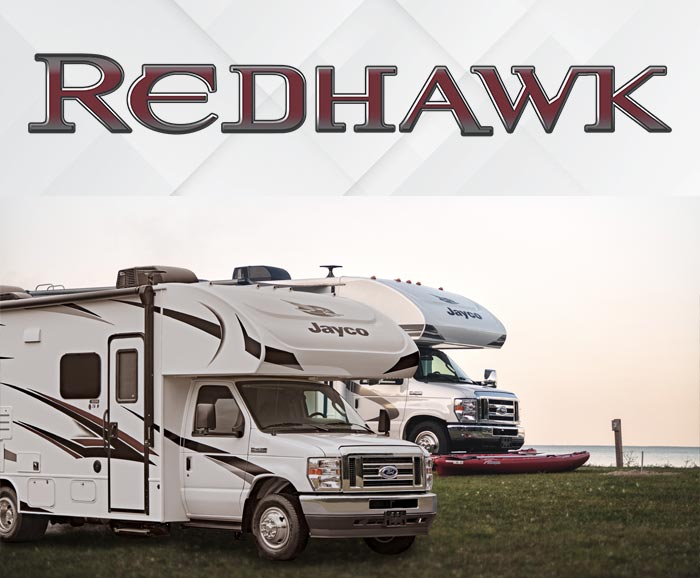 Photo of Jayco Redhawk Class C motorhome with logo above.