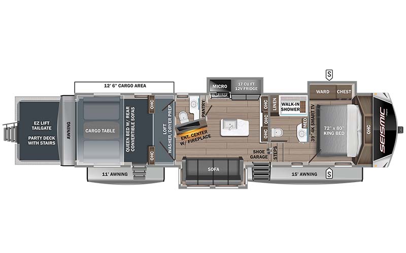 Jayco Seismic Luxury Series 3512 toy hauler floor plan diagram.