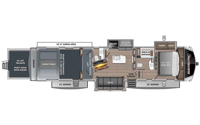 Jayco Seismic Luxury Series 3815 toy hauler floor plan diagram.