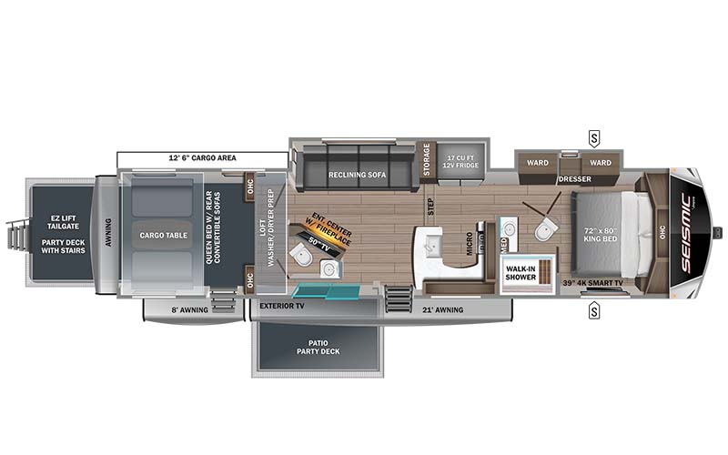 Jayco Seismic Luxury Series 4113 toy hauler floor plan diagram.