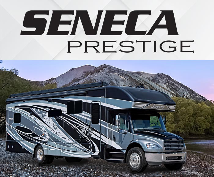 Photo of Jayco Seneca Prestige super c motorhome with mountains in background and logo above.