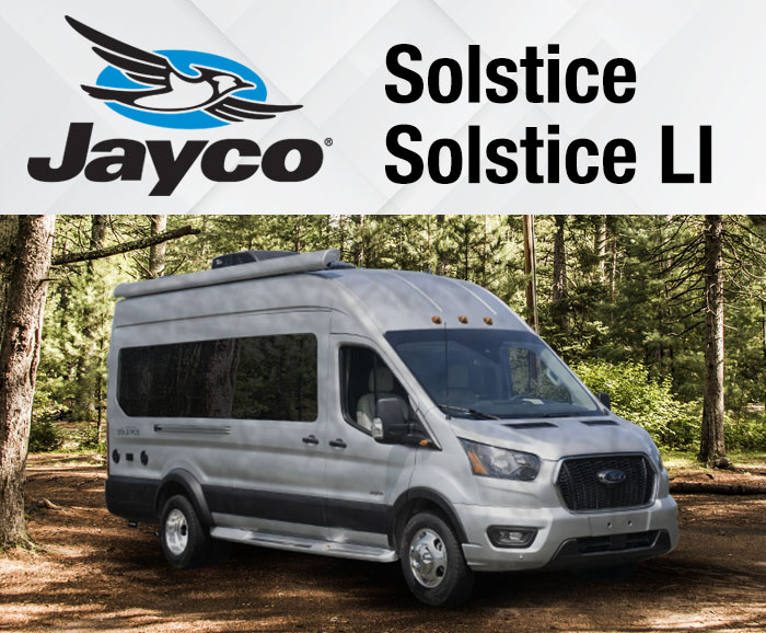 Photo of Solstice Class B motorhome parked in a wooded area, with Jayco logo.