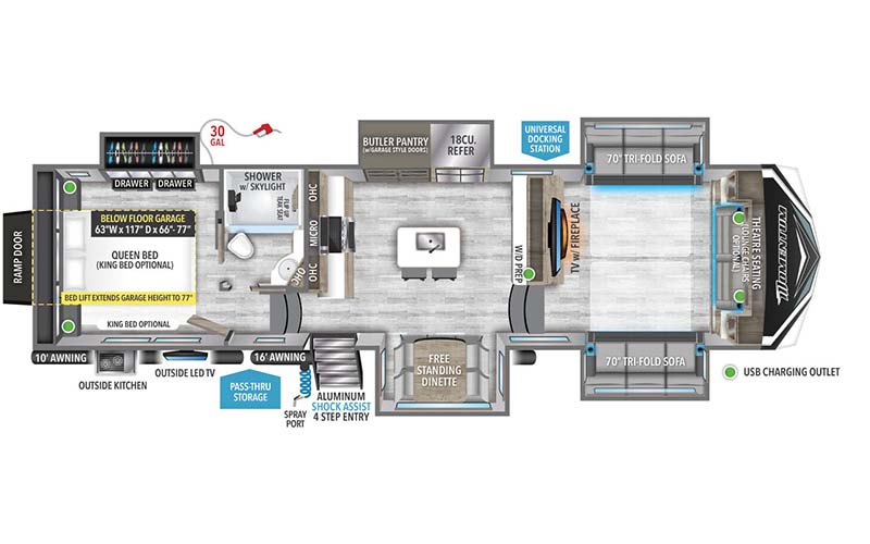 Grand Design Momentum M-Class 336M toy hauler floor plan diagram.