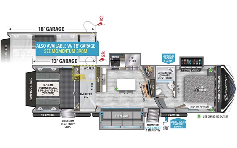 Grand Design Momentum M-Class 349M toy hauler floor plan diagram.