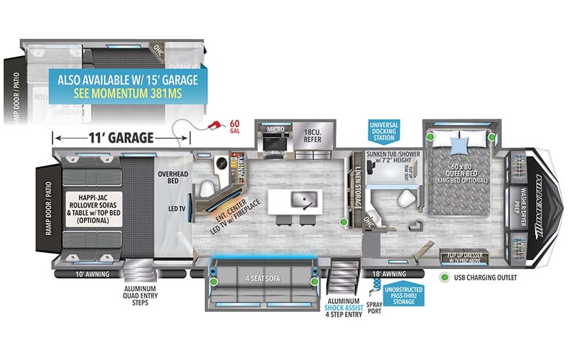 Grand Design Momentum M-Class 351MS toy hauler floor plan diagram.