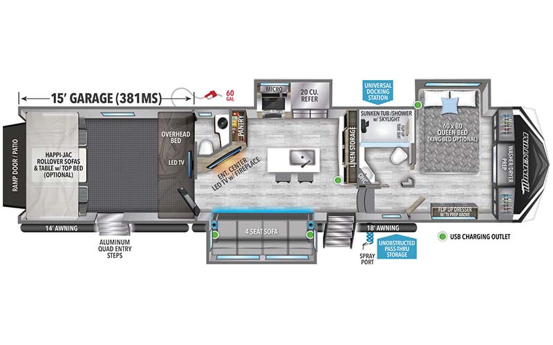 Grand Design Momentum M-Class 381MS toy hauler floor plan diagram.